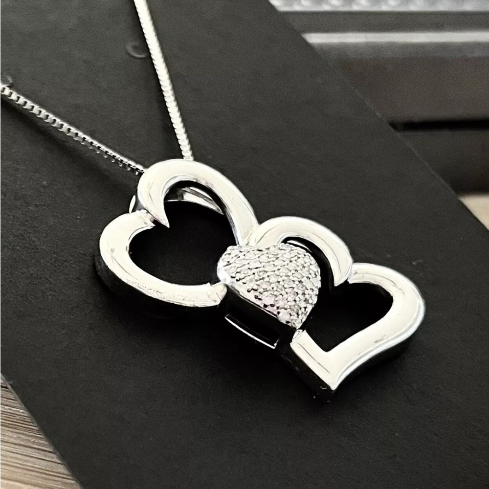 Signed Sterling Silver 925 50 Diamond 3 Hearts Open Heart Pendant Chain Necklace - Picture 3 of 4